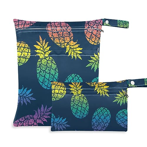 SDMKA 2Pcs Wet Dry Bag for Baby Cloth Diapers Bright Pineapple Reusable Waterproof Wet Bag with Two Zippered Pockets for Travel Beach Pool