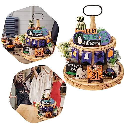 Halloween Decorations - Halloween Tiered Tray Decor -Wood Book Stack Sign Witches Cauldron Halloween Garland Halloween Decorations for Home Halloween Fall Decorations Indoor