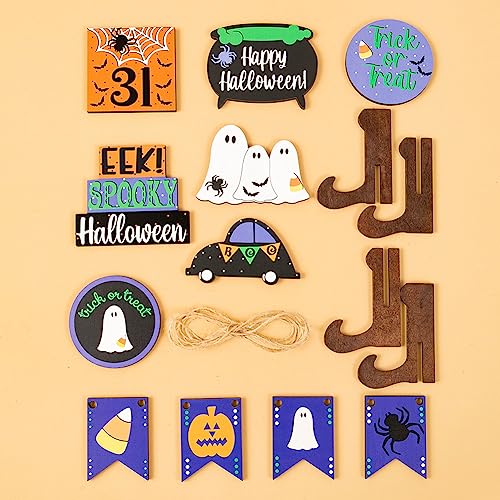 Halloween Decorations - Halloween Tiered Tray Decor -Wood Book Stack Sign Witches Cauldron Halloween Garland Halloween Decorations for Home Halloween Fall Decorations Indoor