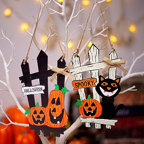 Erhigher Halloween Hanging Ghost Decoration, Black Cat Fence Door Sign Durable Fade-Resistant Ghost Festival Pumpkin Party Decoration Fine Workmanship Halloween Theme Party Decor Black & Yellow