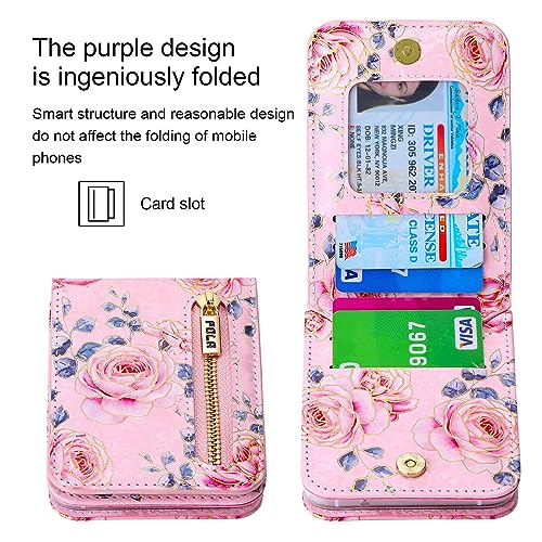 EAXER for Samsung Galaxy Z Flip 5 Case, Shockproof Women Rose Flower with Crossbody Strap Wallet Leather Stand Case Cover (Pink)