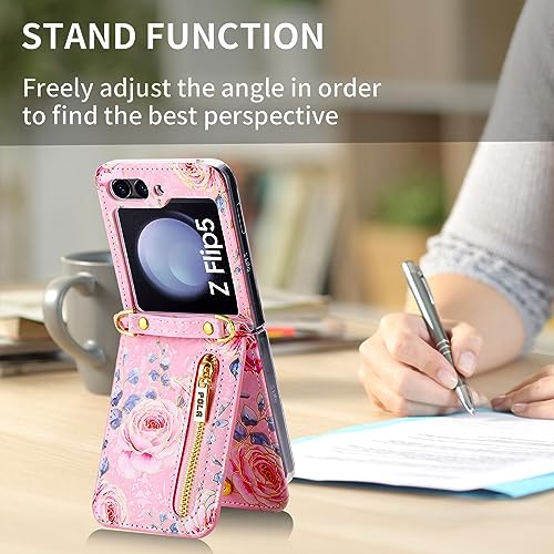 EAXER for Samsung Galaxy Z Flip 5 Case, Shockproof Women Rose Flower with Crossbody Strap Wallet Leather Stand Case Cover (Pink)