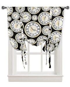 amzricher gold floral tie up curtains for window, black white clock minimalist geometry thermal insulted balloon shade adjustable rod pocket curtains valance panels for kitchen bathroom café 46 x 63