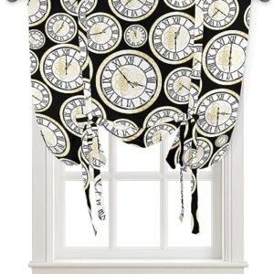 AMZRicher Gold Floral Tie Up Curtains for Window, Black White Clock Minimalist Geometry Thermal Insulted Balloon Shade Adjustable Rod Pocket Curtains Valance Panels for Kitchen Bathroom Café 46 x 63