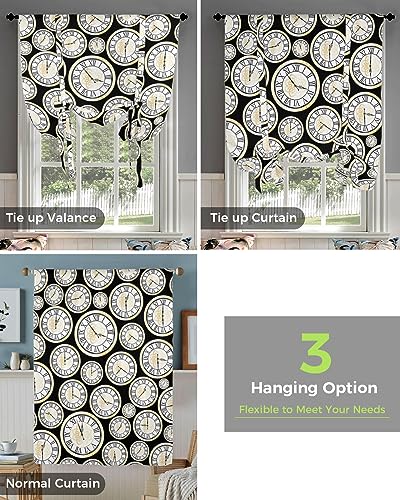 AMZRicher Gold Floral Tie Up Curtains for Window, Black White Clock Minimalist Geometry Thermal Insulted Balloon Shade Adjustable Rod Pocket Curtains Valance Panels for Kitchen Bathroom Café 46 x 63