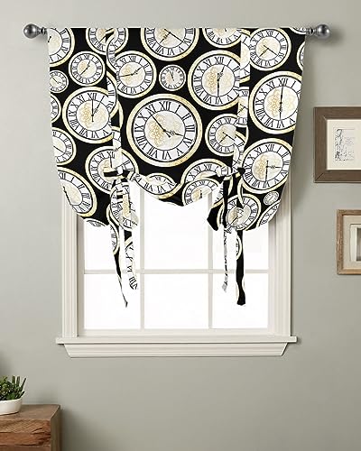 AMZRicher Gold Floral Tie Up Curtains for Window, Black White Clock Minimalist Geometry Thermal Insulted Balloon Shade Adjustable Rod Pocket Curtains Valance Panels for Kitchen Bathroom Café 46 x 63