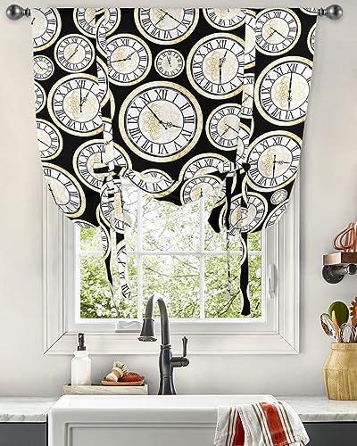 AMZRicher Gold Floral Tie Up Curtains for Window, Black White Clock Minimalist Geometry Thermal Insulted Balloon Shade Adjustable Rod Pocket Curtains Valance Panels for Kitchen Bathroom Café 46 x 63