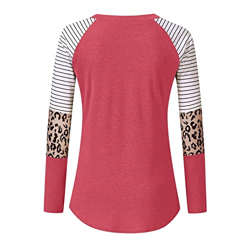 Womens Tees Long Sleeve Women's Top Fall and Winter Leopard Stripe Color Matching Printed Round Neck Shirt Casual Sexy Tunic Watermelon Red M