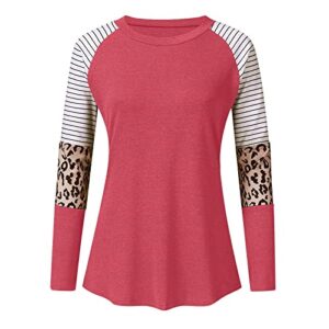 Womens Tees Long Sleeve Women's Top Fall and Winter Leopard Stripe Color Matching Printed Round Neck Shirt Casual Sexy Tunic Watermelon Red M