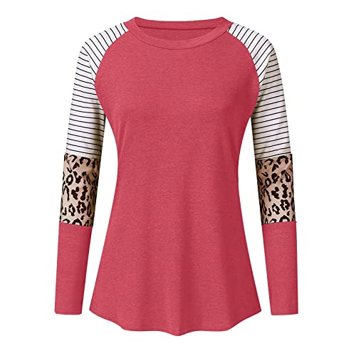 Womens Tees Long Sleeve Women's Top Fall and Winter Leopard Stripe Color Matching Printed Round Neck Shirt Casual Sexy Tunic Watermelon Red M