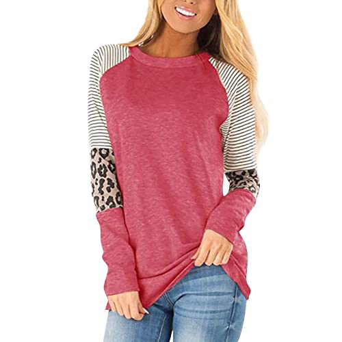 Womens Tees Long Sleeve Women's Top Fall and Winter Leopard Stripe Color Matching Printed Round Neck Shirt Casual Sexy Tunic Watermelon Red M