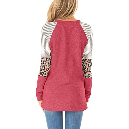 Tunic Tops for Women Fit Plus Women's Top Fall and Winter Leopard Print Striped Print Round Neck Shirt Casual Watermelon Red XXXXXL