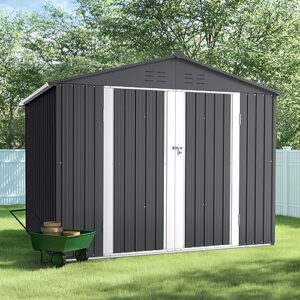crownland upgraded outdoor vented backyard garden storage shed 6 x 8 feet tool house with french door outdoor lawn steel roof sheds (gray)