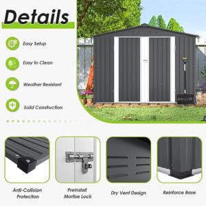 CrownLand Upgraded Outdoor Vented Backyard Garden Storage Shed 6 x 8 Feet Tool House with French Door Outdoor Lawn Steel Roof Sheds (Gray)