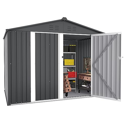 CrownLand Upgraded Outdoor Vented Backyard Garden Storage Shed 6 x 8 Feet Tool House with French Door Outdoor Lawn Steel Roof Sheds (Gray)