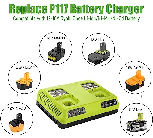 Upgraded 7.0Ah 18V Batteries & Dual Charger Combo for Ryobi 18V Battery and P117 Charger, Cell9102 Compatible with Ryobi 18V ONE + P108 P107 P104 P105 P102 P103 Tools Charger with 260051002 P117 P118