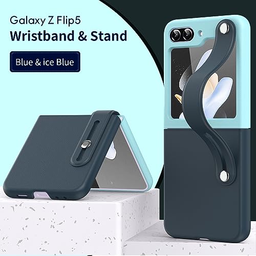 Phone Case Colourful Leather Case for Samsung Galaxy Z Flip 5 5 5G 2023,with Retractable Finger Strap Handheld Design Ultra Thin PC Shockproof Stand Case Cover,Full Body Protective Phone Case phone pr