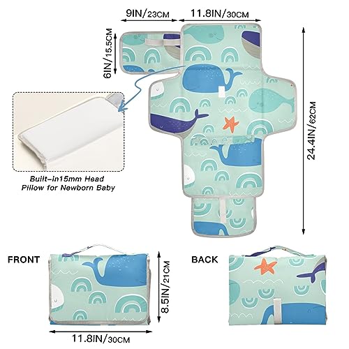 Bulletgxll Funny Cartoon Whale Portable Diaper Changing Pad Waterproof Changing Pad with Baby Tissue Pocket and Magic Stick for Newborn Baby.