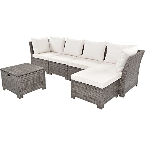 OPTOUGH 6-Piece Outdoor Set, PE Wicker Rattan-Sofa with 2 Corner, 2 Single Chairs, 1 Ottoman and 1 Storage Table, All-Weather Conversational Furniture,for Backyard,Garden, Beige