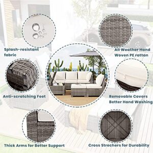 OPTOUGH 6-Piece Outdoor Set, PE Wicker Rattan-Sofa with 2 Corner, 2 Single Chairs, 1 Ottoman and 1 Storage Table, All-Weather Conversational Furniture,for Backyard,Garden, Beige