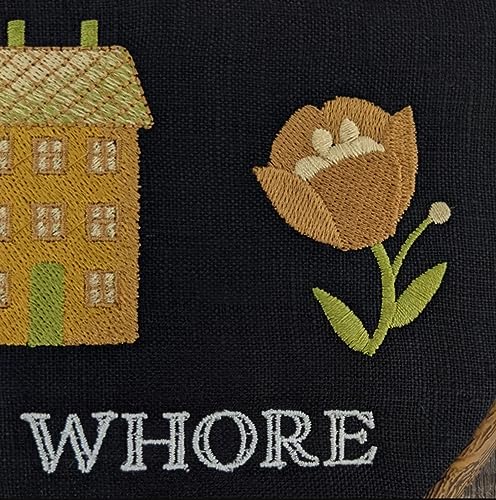 It's not a whore house, It's a whore home. Machine embroidery 8" hoop. Gothic decor. welcome sign, hoop art, Halloween decor (#3 Natural wood)