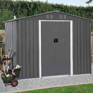 mirafit 8x6 ft storage shed, galvanized steel sheds & outdoor storage cabinet with sliding door, garden metal shed for tool, bike, lawn mower, backyard, patio, dark gray