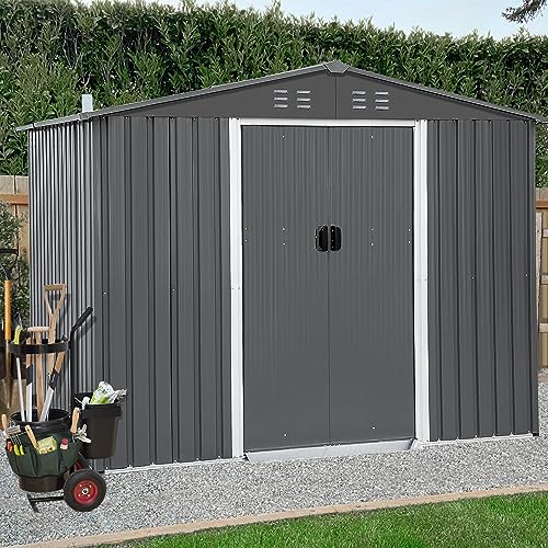 MIRAFIT 8x6 Ft Storage Shed, Galvanized Steel Sheds & Outdoor Storage Cabinet with Sliding Door, Garden Metal Shed for Tool, Bike, Lawn Mower, Backyard, Patio, Dark Gray