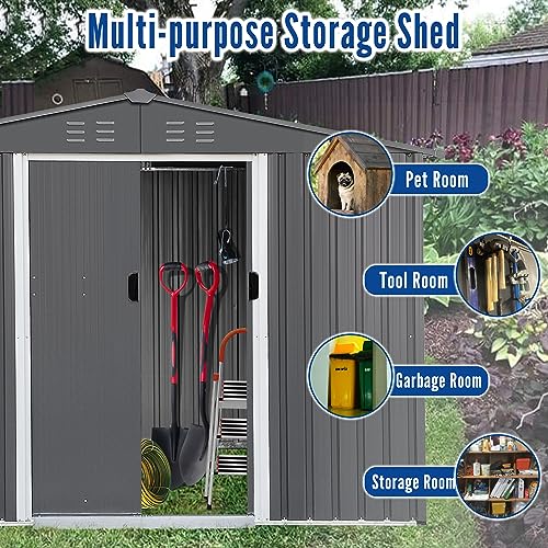 MIRAFIT 8x6 Ft Storage Shed, Galvanized Steel Sheds & Outdoor Storage Cabinet with Sliding Door, Garden Metal Shed for Tool, Bike, Lawn Mower, Backyard, Patio, Dark Gray