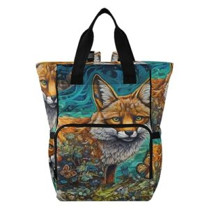 zenwawa diaper bag backpack for mom dad-painting fox floral print with insulated feeding bottle inserts, nappy daypack for outdoor hiking travel 11.02×5.91×15.3 inch