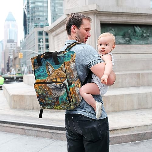 ZENWAWA Diaper Bag Backpack for Mom Dad-Painting Fox Floral Print with Insulated Feeding Bottle Inserts, Nappy Daypack for Outdoor Hiking Travel 11.02×5.91×15.3 INCH