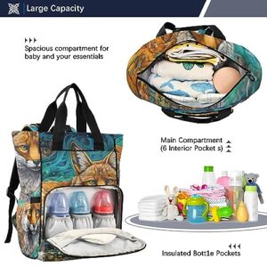 ZENWAWA Diaper Bag Backpack for Mom Dad-Painting Fox Floral Print with Insulated Feeding Bottle Inserts, Nappy Daypack for Outdoor Hiking Travel 11.02×5.91×15.3 INCH