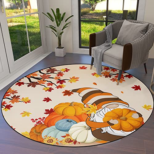 OUR DREAMS Thanksgiving Gnomes Round Area Rugs Children Crawling Mat Non-Slip Mat, Fall Maple Leaves Pumpkin Orange Autumn Residential Carpet for Living Dining Room Kitchen Rugs Decor, 3Ft(36In)