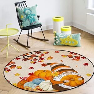 OUR DREAMS Thanksgiving Gnomes Round Area Rugs Children Crawling Mat Non-Slip Mat, Fall Maple Leaves Pumpkin Orange Autumn Residential Carpet for Living Dining Room Kitchen Rugs Decor, 3Ft(36In)