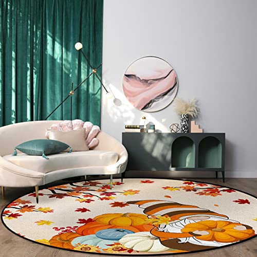 OUR DREAMS Thanksgiving Gnomes Round Area Rugs Children Crawling Mat Non-Slip Mat, Fall Maple Leaves Pumpkin Orange Autumn Residential Carpet for Living Dining Room Kitchen Rugs Decor, 3Ft(36In)