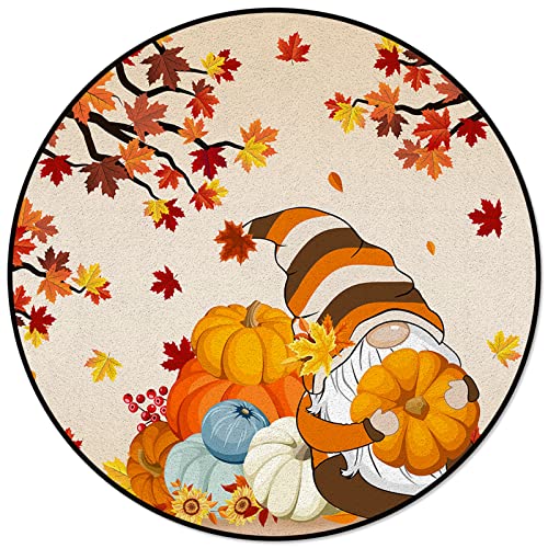 OUR DREAMS Thanksgiving Gnomes Round Area Rugs Children Crawling Mat Non-Slip Mat, Fall Maple Leaves Pumpkin Orange Autumn Residential Carpet for Living Dining Room Kitchen Rugs Decor, 3Ft(36In)