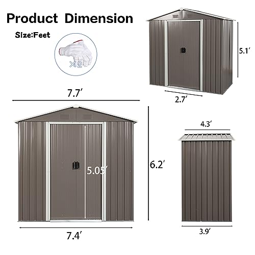 ZLLQUWR 8 x 4 FT Outdoor Storage Shed with Metal Floor Base Window Lockable Sliding Doors Storage Shed with Triangular Roof Air Vents Garden Tool Storage Sheds for Outdoor Patio Gray
