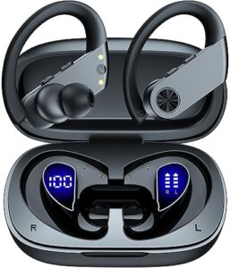 wireless earbuds 110h playtime ear buds bluetooth headphones with 2200mah charging case dual power display waterproof over ear earphones with earhooks for sport workout laptop tv computer phone black