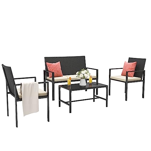 rattantree 4 Pieces Patio Sofa Clearance,Outdoor Wicker Patio Chair with Table,Garden Porch Furniture Sets,Black