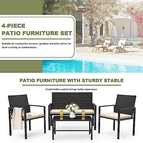 rattantree 4 Pieces Patio Sofa Clearance,Outdoor Wicker Patio Chair with Table,Garden Porch Furniture Sets,Black