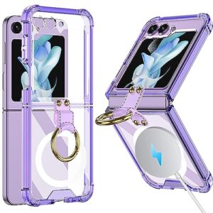 ninki compatible clear samsung galaxy z flip 5 case with ring,heavy duty anti-fall silicone cute cover protective phone case for samsung z flip 5 case with ring,galaxy z flip 5 case slim girls purple