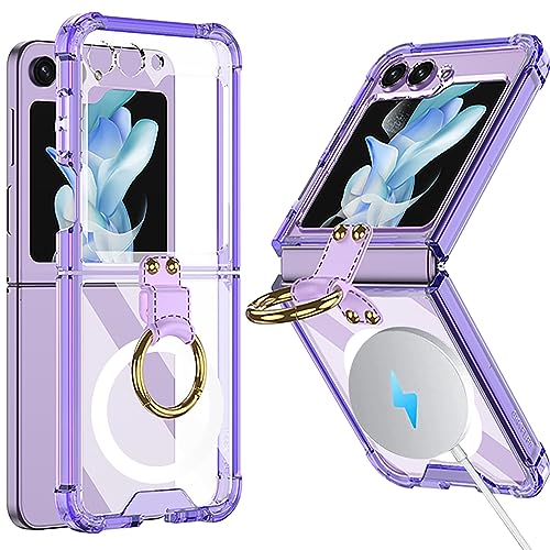 NINKI Compatible Clear Samsung Galaxy Z Flip 5 Case with Ring,Heavy Duty Anti-Fall Silicone Cute Cover Protective Phone Case for Samsung Z Flip 5 Case with Ring,Galaxy Z Flip 5 Case Slim Girls Purple