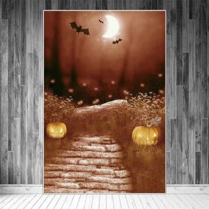 MOONDECO Photography Backdrop 5x7ft Halloween Forest Road Pumpkin Lamp Fire Fly Bat Background Children Party Photo Booth Moon Light Decorations