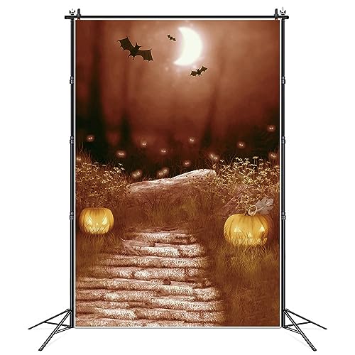 MOONDECO Photography Backdrop 5x7ft Halloween Forest Road Pumpkin Lamp Fire Fly Bat Background Children Party Photo Booth Moon Light Decorations