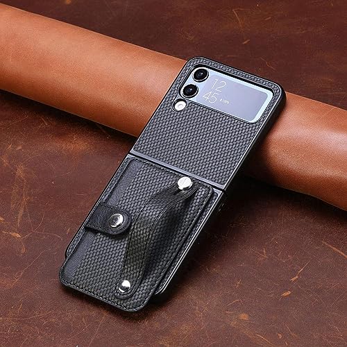 Case for Samsung Galaxy Z Flip 5, Leather Phone Cover Case with Card Holder and Wristband, for Samsung Galaxy Z Flip5 5G, Shockproof Black