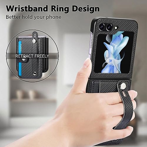 Case for Samsung Galaxy Z Flip 5, Leather Phone Cover Case with Card Holder and Wristband, for Samsung Galaxy Z Flip5 5G, Shockproof Black