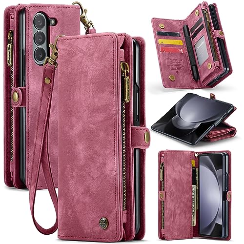 protective filp case Wallet Case Compatible with Samsung Galaxy Z Fold 5,2 in 1 Detachable Premium Leather Magnetic Zipper Pouch Wristlet Flip Phone Case,Matte Soft Leather+TPU Bottom Shell Case W Car