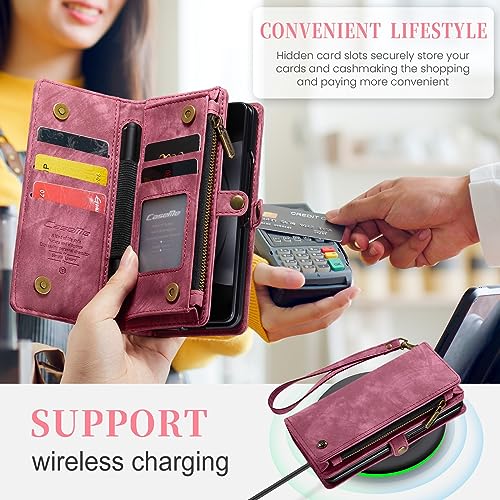 protective filp case Wallet Case Compatible with Samsung Galaxy Z Fold 5,2 in 1 Detachable Premium Leather Magnetic Zipper Pouch Wristlet Flip Phone Case,Matte Soft Leather+TPU Bottom Shell Case W Car