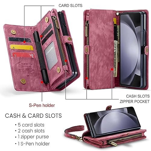 protective filp case Wallet Case Compatible with Samsung Galaxy Z Fold 5,2 in 1 Detachable Premium Leather Magnetic Zipper Pouch Wristlet Flip Phone Case,Matte Soft Leather+TPU Bottom Shell Case W Car