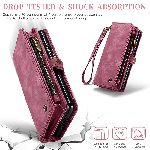 protective filp case Wallet Case Compatible with Samsung Galaxy Z Fold 5,2 in 1 Detachable Premium Leather Magnetic Zipper Pouch Wristlet Flip Phone Case,Matte Soft Leather+TPU Bottom Shell Case W Car