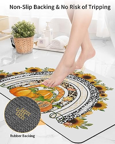 Thanksgiving Day Super Absorbent Bath Rugs for Bathroom,Durable Floor Mat Laundry Rug, Clearance Mats for for Kitchen, Non Slip Carpt Doormats 20"x32", Leopard Pumpkins Sunflowers Fall Theme